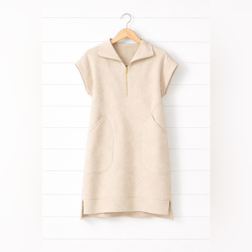 Beige Short-Sleeve Zip Dress